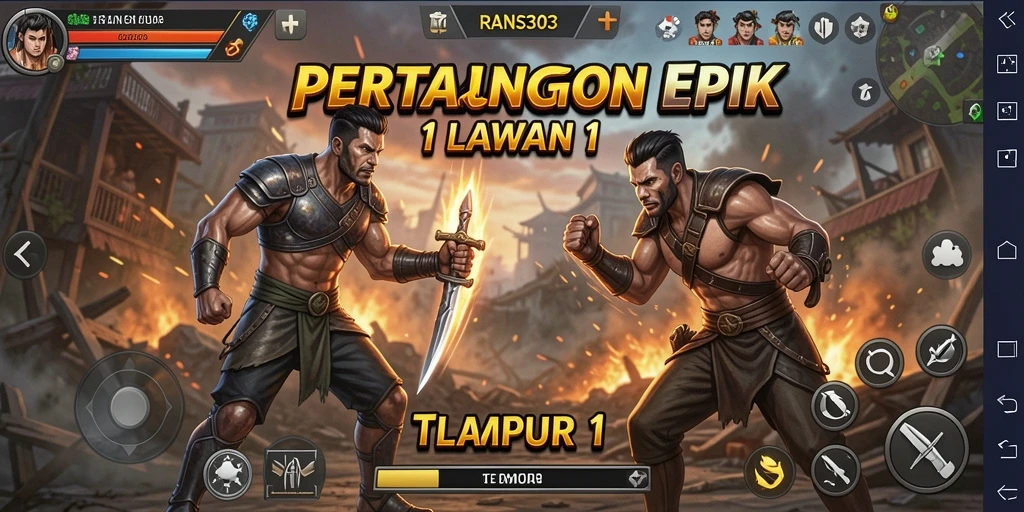 Antarmuka RANS303 menampilkan pertarungan seru 1 lawan 1 di arena yang dramatis.