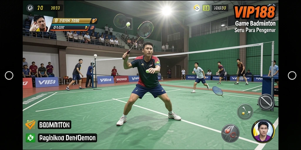 Antarmuka VIP188 menampilkan gameplay badminton yang dinamis dan menarik.